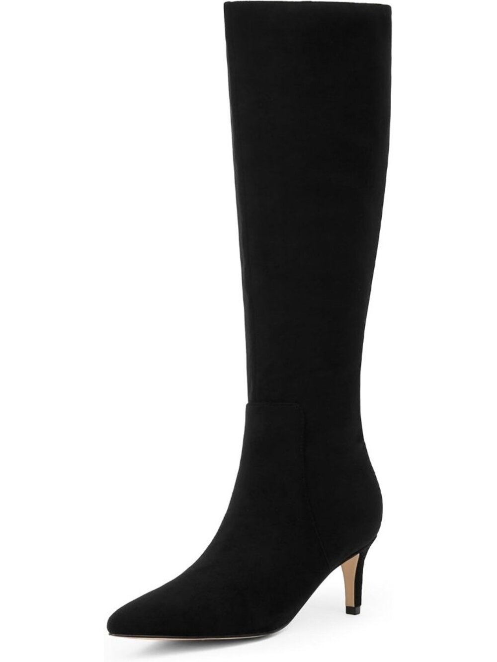 Women's Black Faux Suede Stylish Pointed Toe Low Kitten Heel Knee High Boots